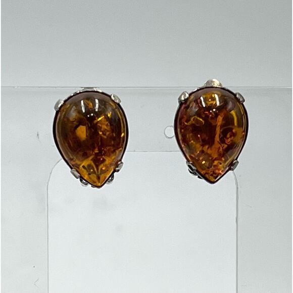 Sterling Silver 925 Prong Teardrop Shape Glowing Amber Stud Clip On Earrings